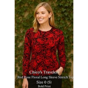 Chico's Travelers Red Rose Floral Long Sleeve Stretch Top Size 0 (S) Bold Print